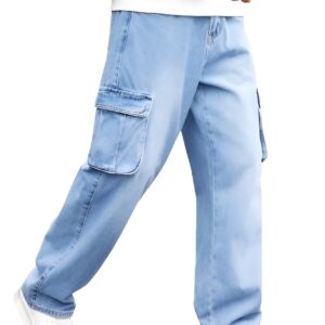 BM-JJ15-LIGHT-BLUE-0 Ben Martin Men's Denim Cotton Cargo Jeans || Stretchable Baggy Fit || High Waist Loose Cargos for Men with Box Pockets || Stylish Gen-Z Streetwear || Sizes 28–40 || Black, Khaki, Grey & More