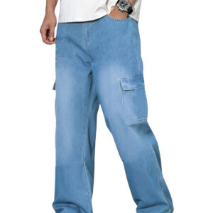 1-BM-JJ15-LIGHT-BLUE-0 Ben Martin Men's Denim Cotton Cargo Jeans || Stretchable Baggy Fit || High Waist Loose Cargos for Men with Box Pockets || Stylish Gen-Z Streetwear || Sizes 28–40 || Black, Khaki, Grey & More